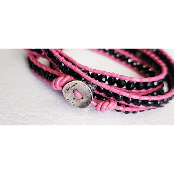 CHAN LUU NWT 5 WRAP PINK LEATHER ONYX NUGGET SKULL BRACELET 32" - Picture 6 of 10